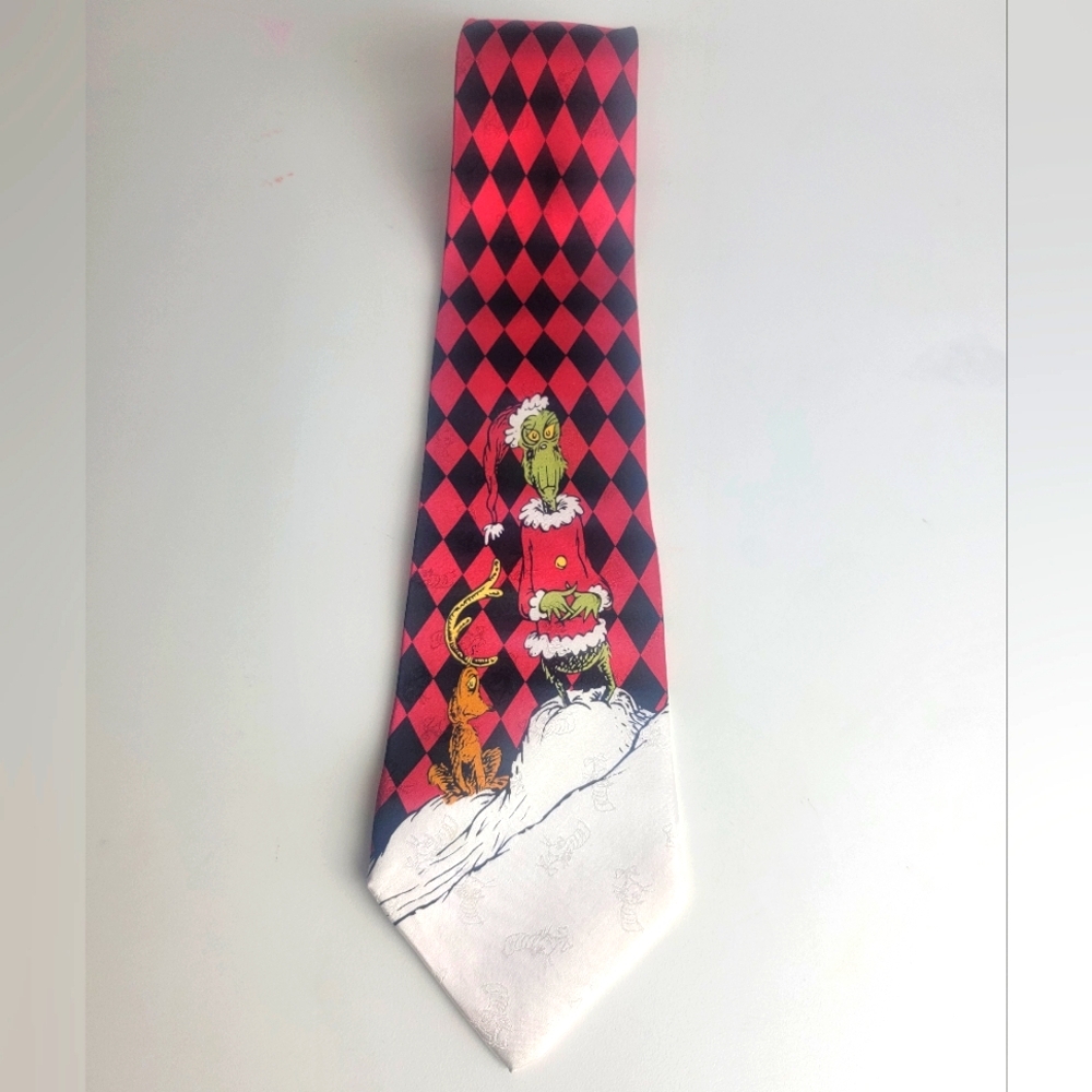 Vintage Dr. Seuss Grinch Mens Silk Tie Necktie 1996 Christmas Red Checkered